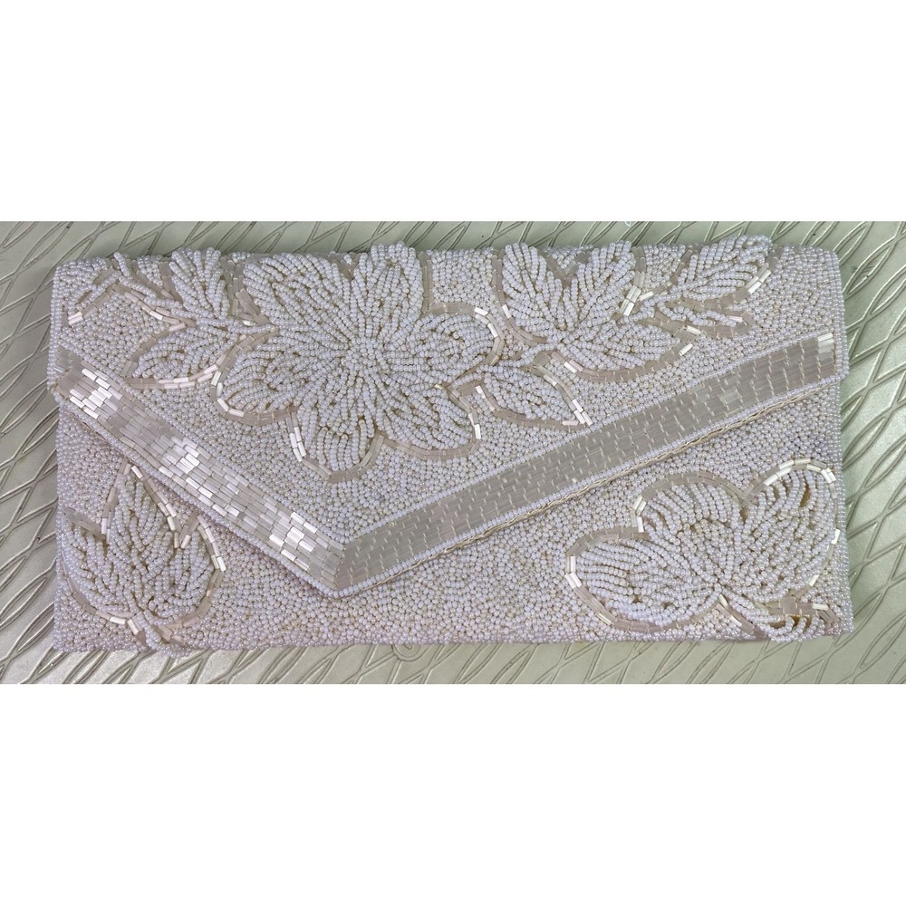 Vtg.Hand Made Ivory Clutch Purse W/Italian Beads Formal Prom Wedding 5x9.5x1/2"